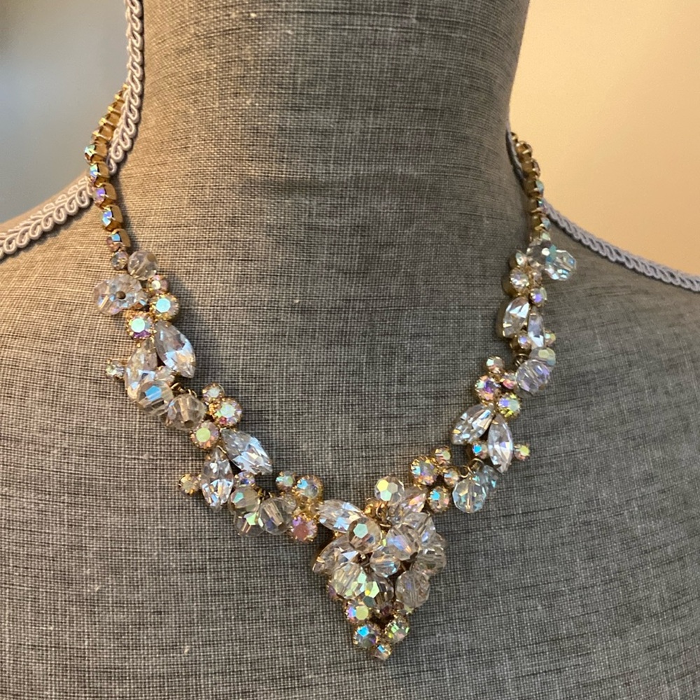 Vintage Aurora Borealis crystal cluster necklace perfect bridal piece goldtone
